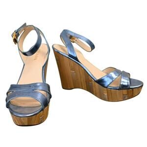 Prada Blue Metallic Leather Bamboo Wedge Platform Sandals Size 39
